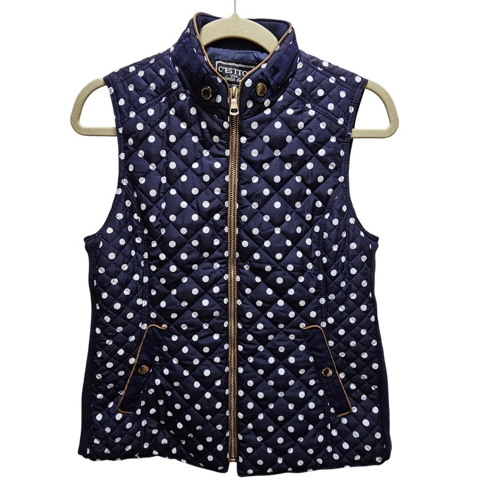 C'est Toi Quilted Puffer Vest Navy Blue White Polka Dot Gold Zip Womens M Preppy